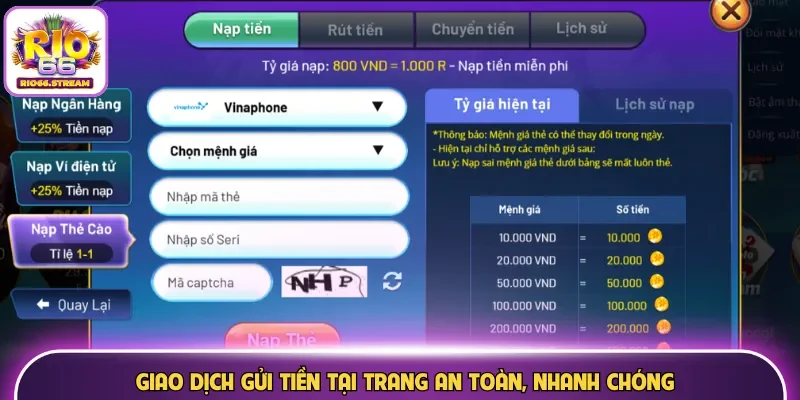 Giao dịch gửi tiền tại trang an toàn, nhanh chóng