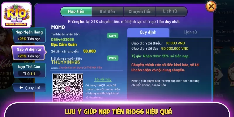 Lưu ý giúp nạp tiền Rio66 hiệu quả